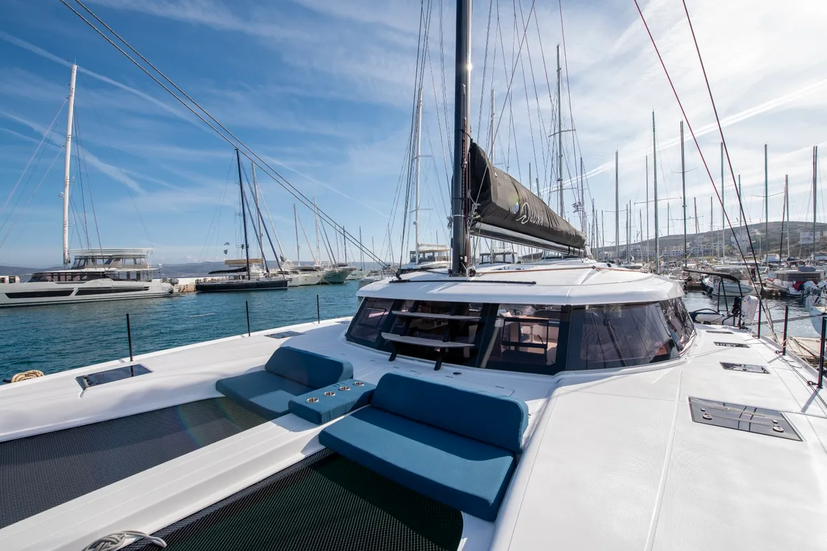 Deck of Luna, a Nautitech 48 Open catamaran at Lavrion, Greece