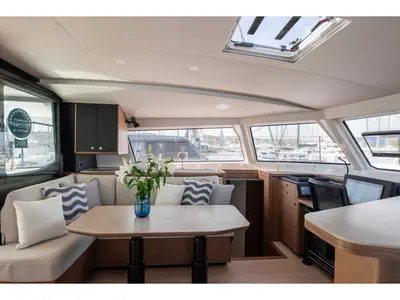 Salon of Luna, a Nautitech 48 Open catamaran at Lavrion, Greece