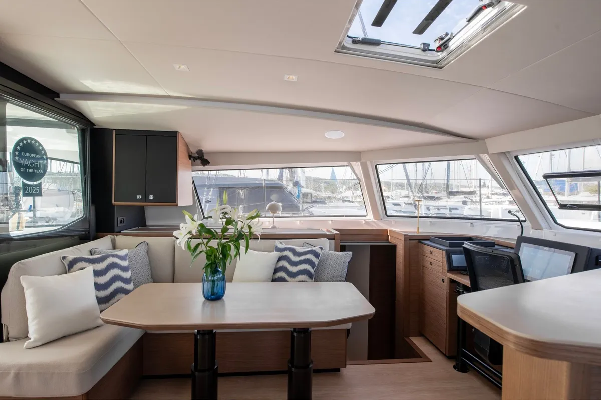 Salon of Luna, a Nautitech 48 Open catamaran at Lavrion, Greece