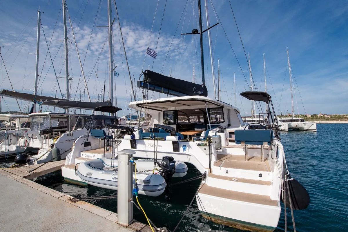 Exterior view of Luna, a Nautitech 48 Open catamaran at Lavrion, Greece