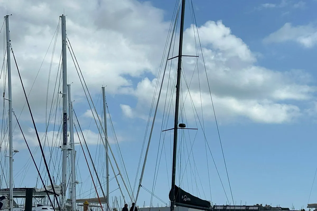 Exterior view of Luna, a Nautitech 48 Open catamaran at Lavrion, Greece