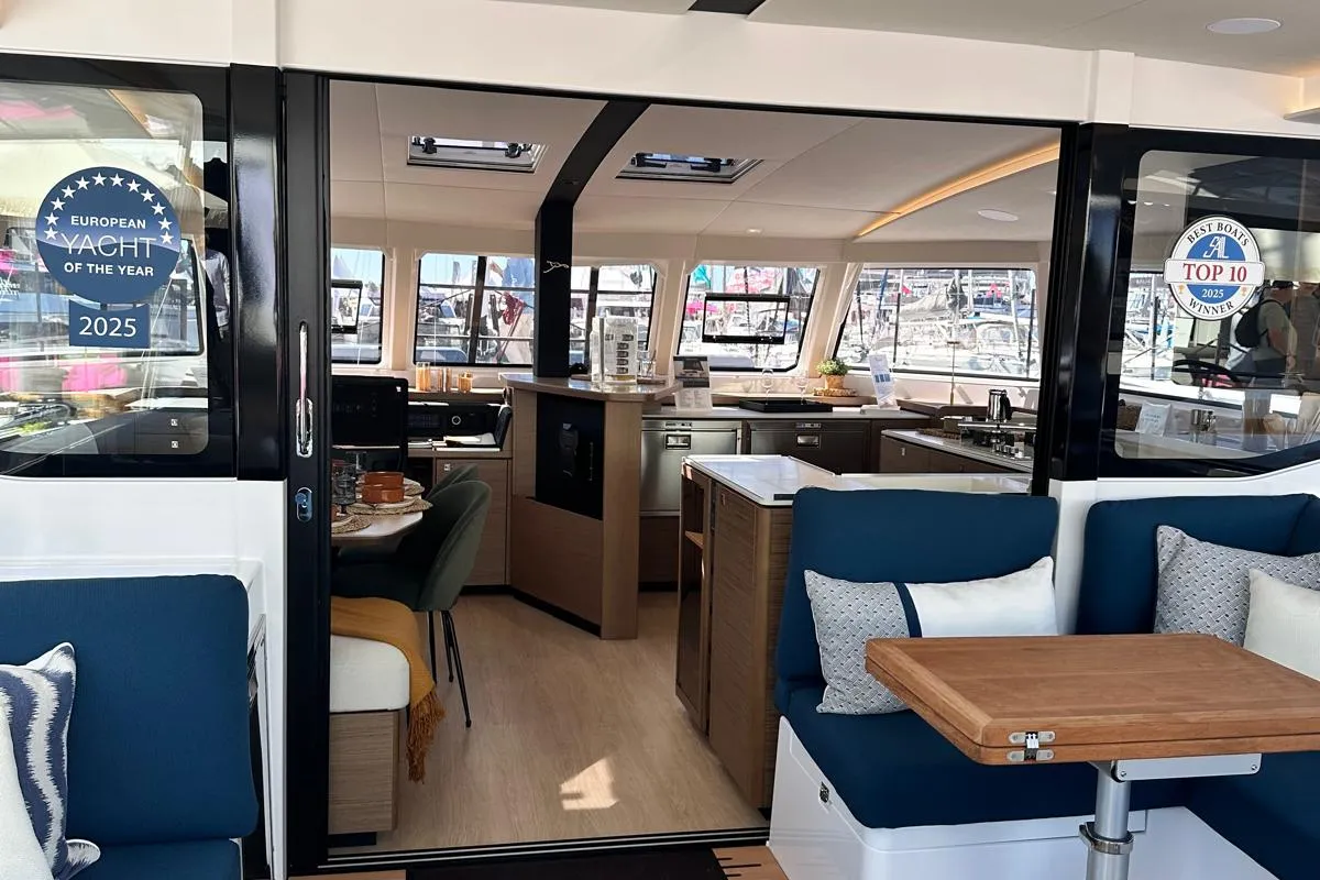 Salon of Luna, a Nautitech 48 Open catamaran at Lavrion, Greece