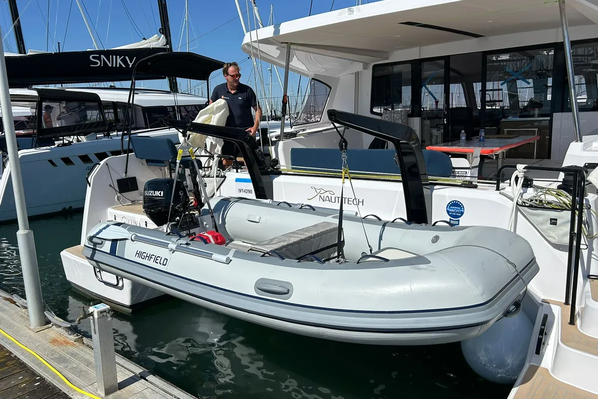 Exterior view of Luna, a Nautitech 48 Open catamaran at Lavrion, Greece