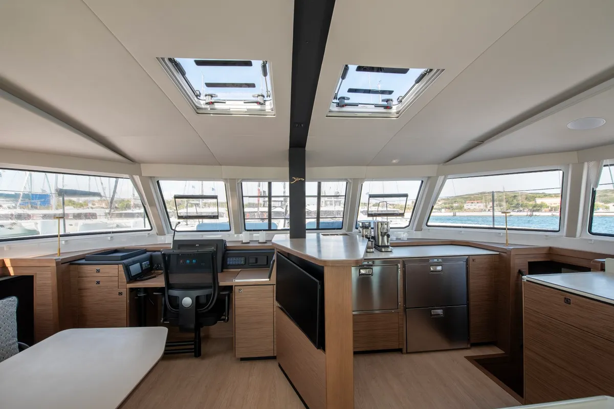 Salon of Luna, a Nautitech 48 Open catamaran at Lavrion, Greece