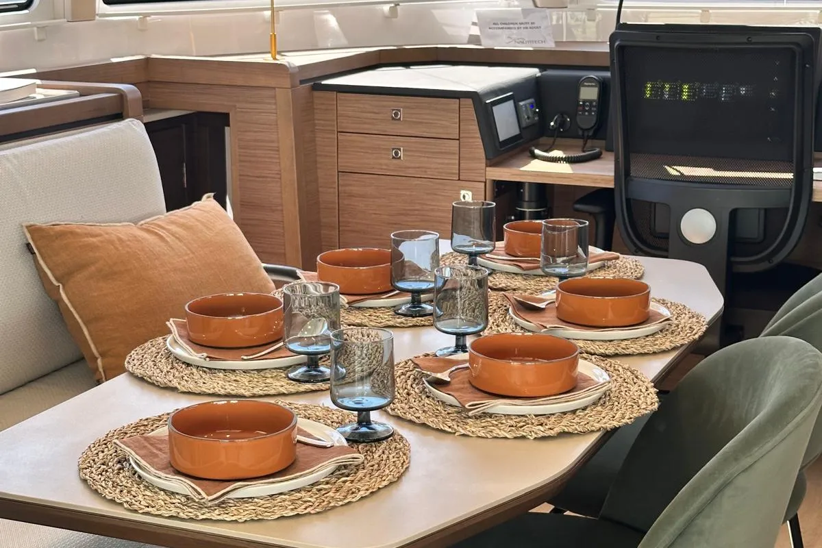 Salon of Luna, a Nautitech 48 Open catamaran at Lavrion, Greece