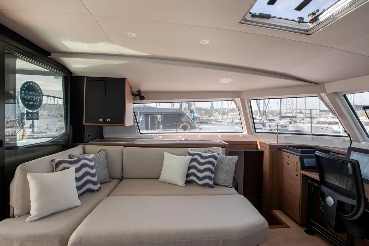 Salon of Luna, a Nautitech 48 Open catamaran at Lavrion, Greece