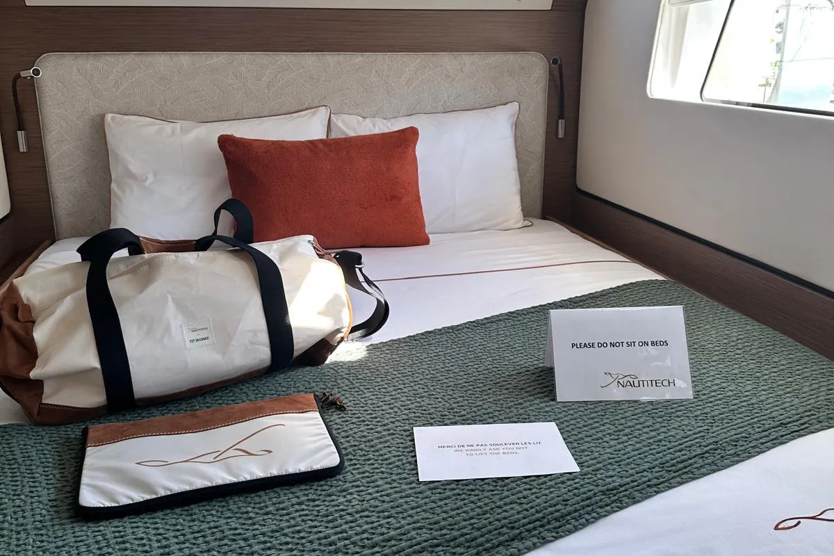 Cabin on Luna, a Nautitech 48 Open catamaran at Lavrion, Greece
