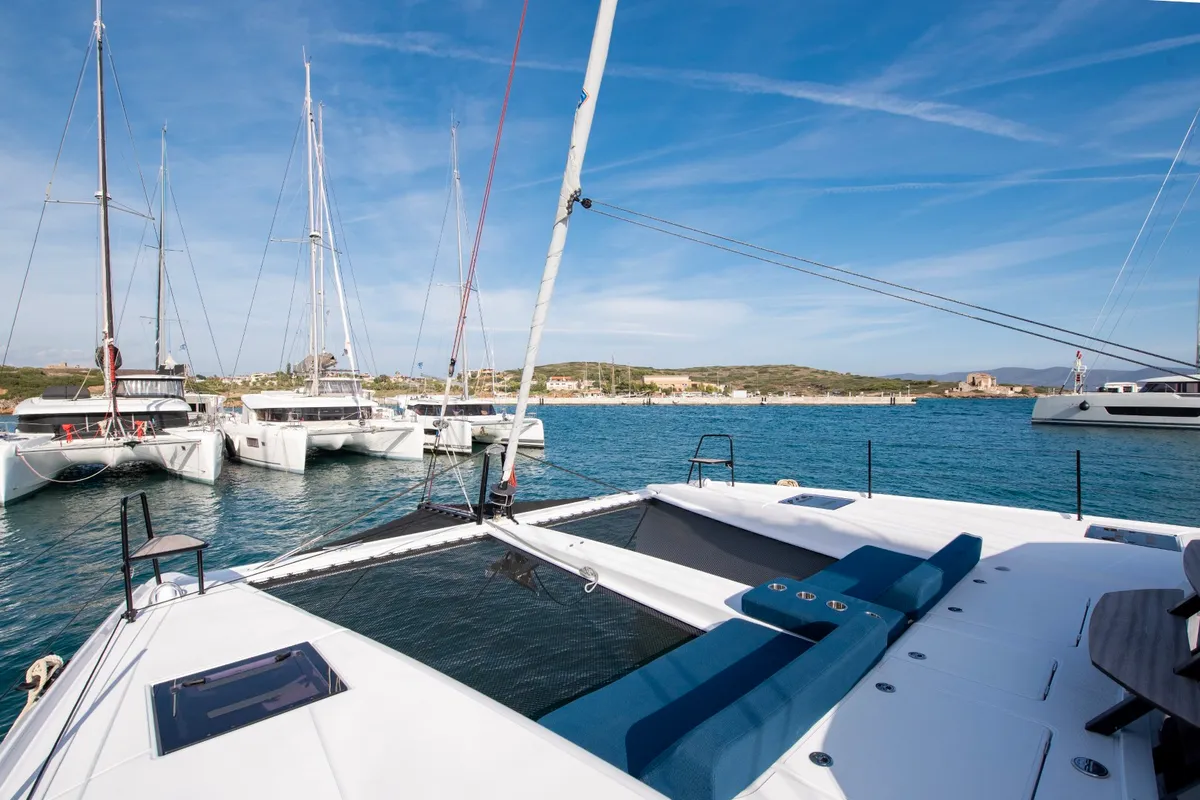 Deck of Luna, a Nautitech 48 Open catamaran at Lavrion, Greece