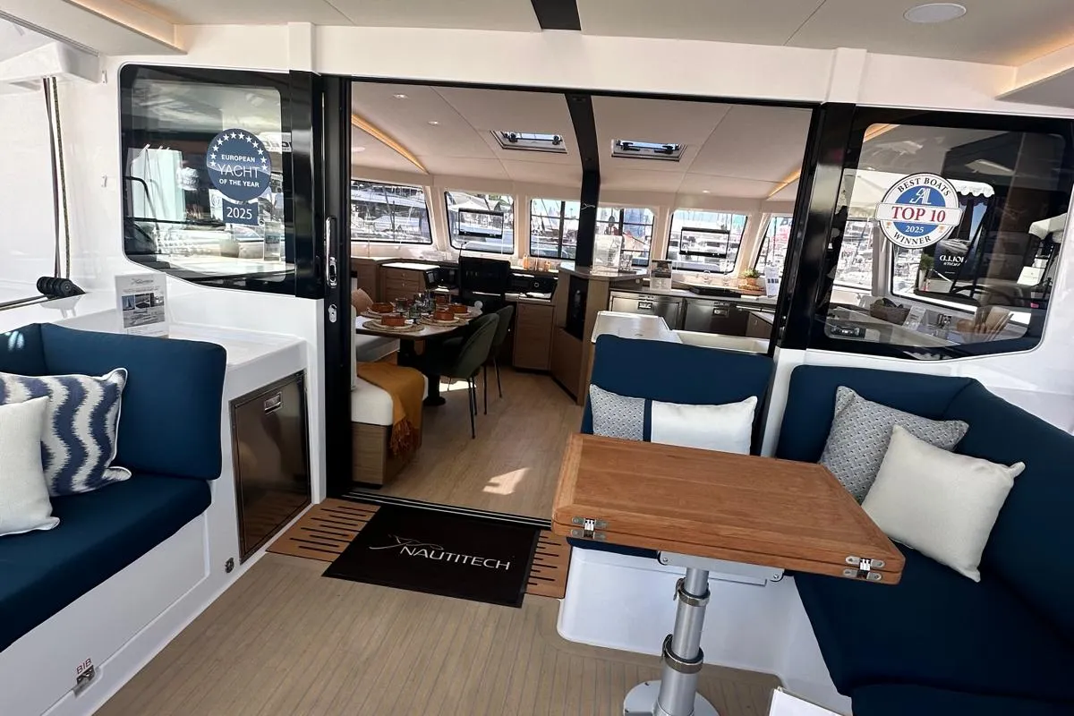 Deck of Luna, a Nautitech 48 Open catamaran at Lavrion, Greece