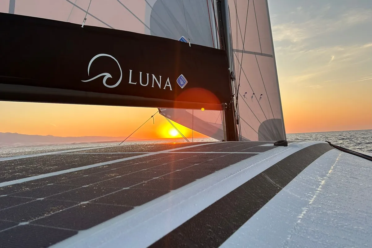 Exterior view of Luna, a Nautitech 48 Open catamaran at Lavrion, Greece