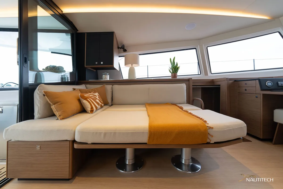 Salon of Luna, a Nautitech 48 Open catamaran at Lavrion, Greece