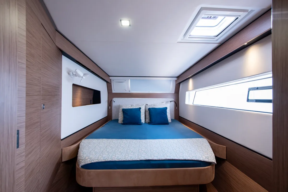 Cabin on Luna, a Nautitech 48 Open catamaran at Lavrion, Greece