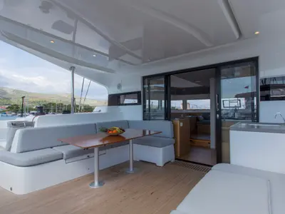 Deck of White Lotus, a Excess 15 catamaran at Mytikas, Greece