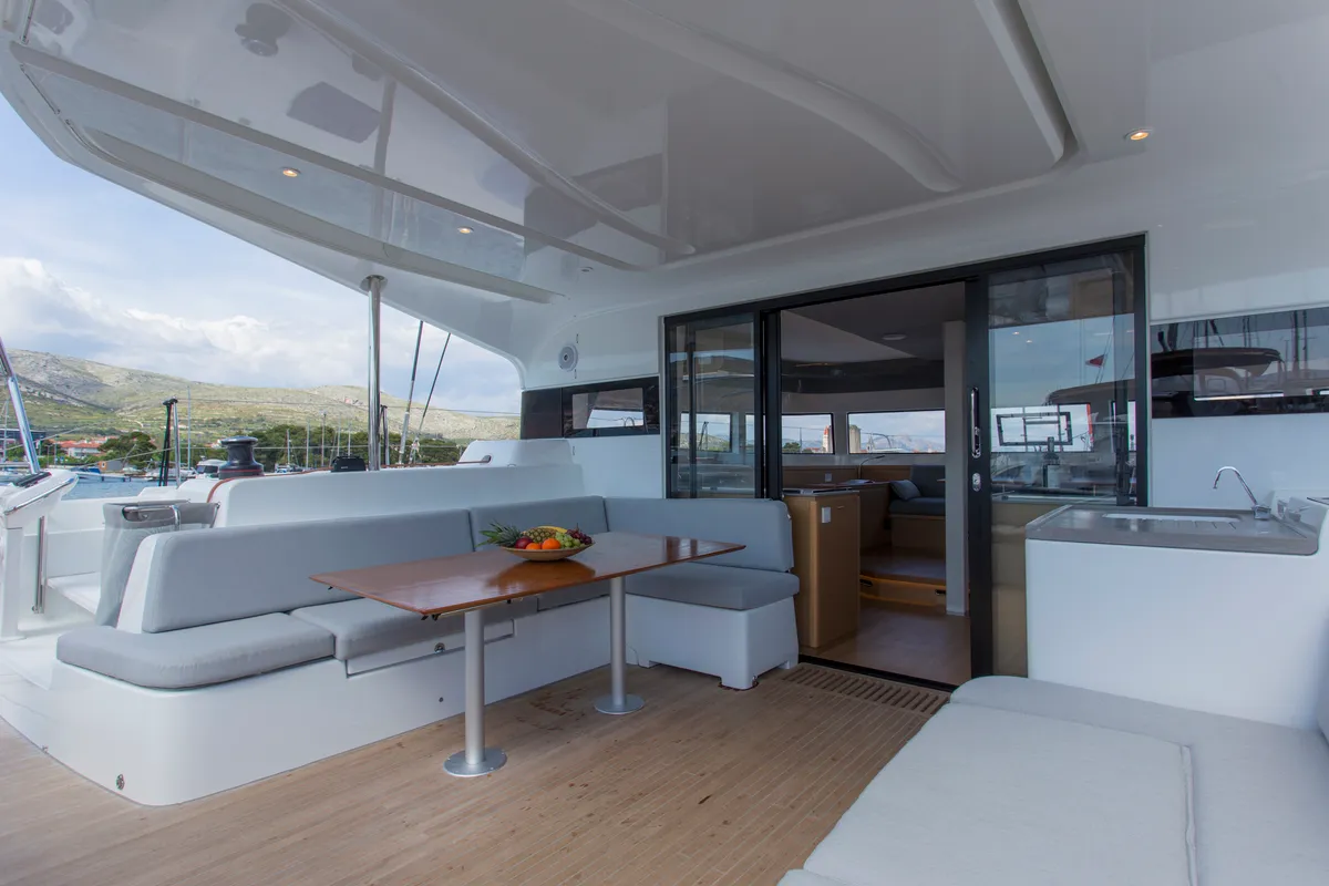 Deck of White Lotus, a Excess 15 catamaran at Mytikas, Greece