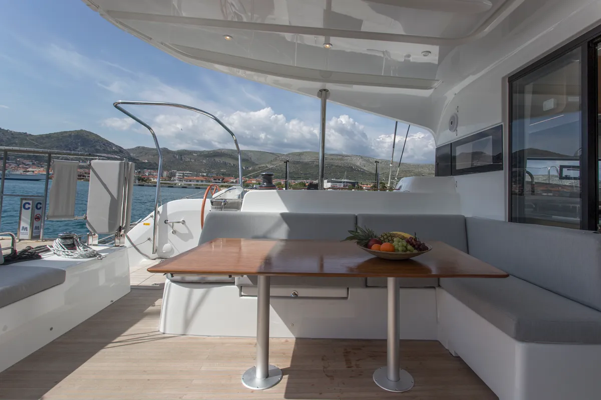 Deck of White Lotus, a Excess 15 catamaran at Mytikas, Greece
