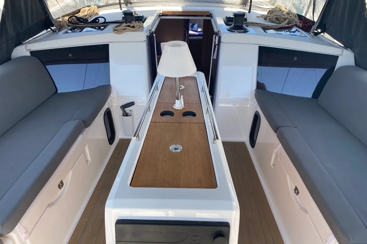 Deck of Pavo, a Dufour 430 sailboat at Olbia, Italy