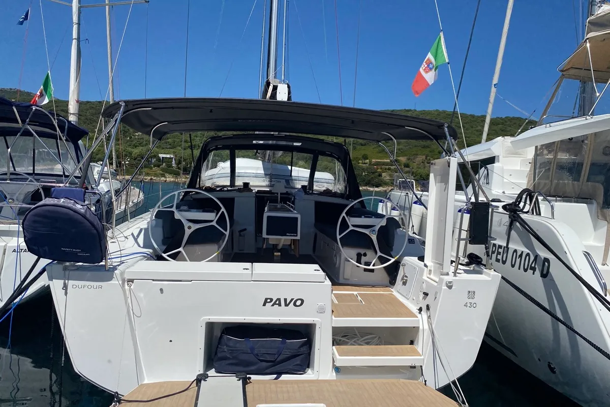 Exterior view of Pavo, a Dufour 430 sailboat at Olbia, Italy