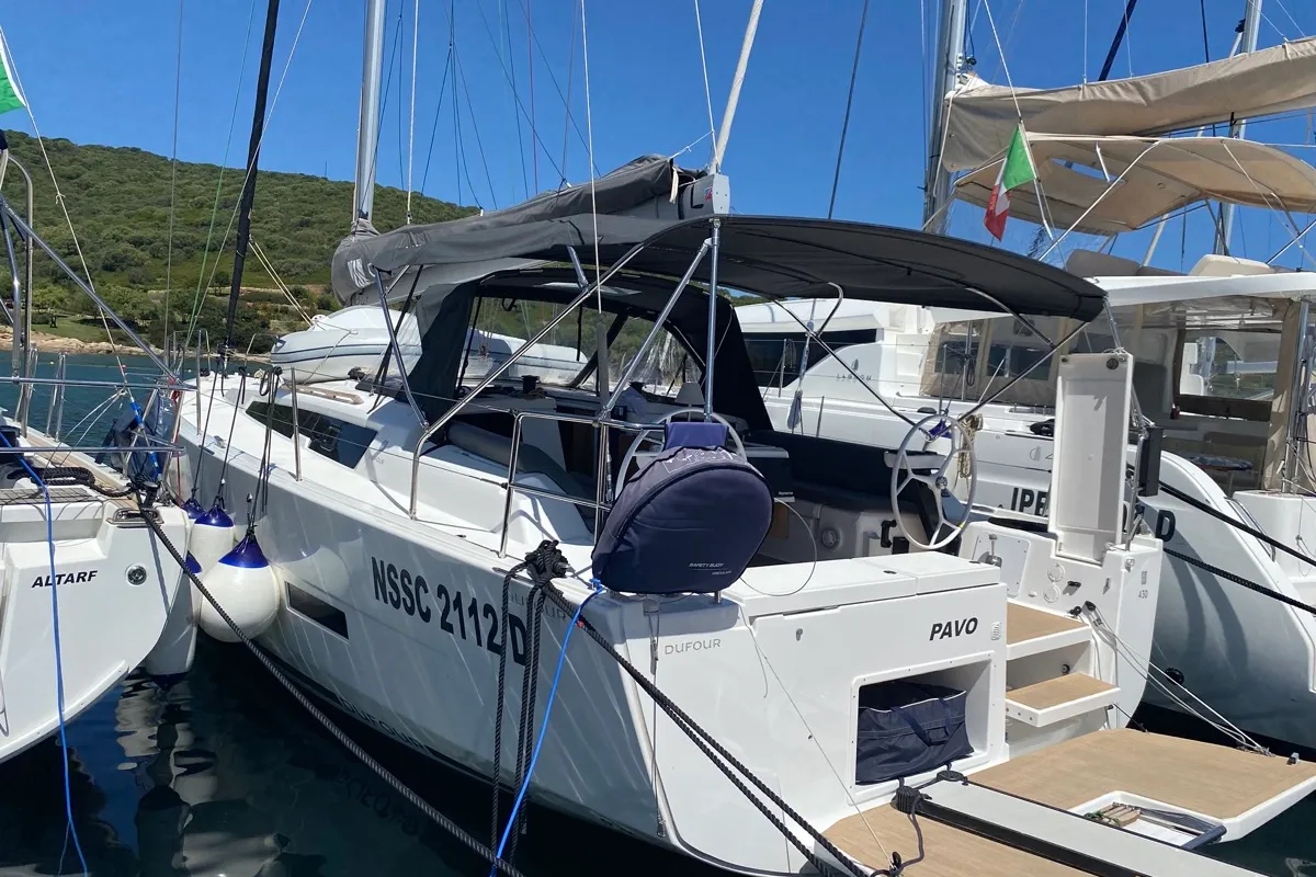 Exterior view of Pavo, a Dufour 430 sailboat at Olbia, Italy