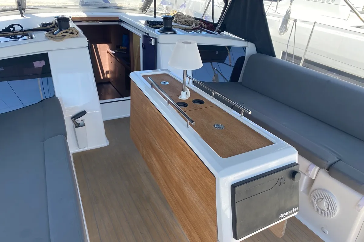 Deck of Pavo, a Dufour 430 sailboat at Olbia, Italy
