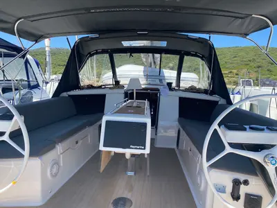 Cockpit of Pavo, a Dufour 430 sailboat at Olbia, Italy