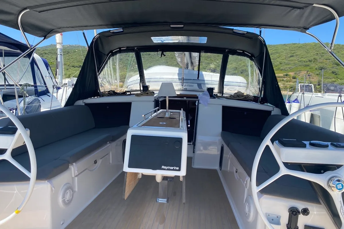 Cockpit of Pavo, a Dufour 430 sailboat at Olbia, Italy