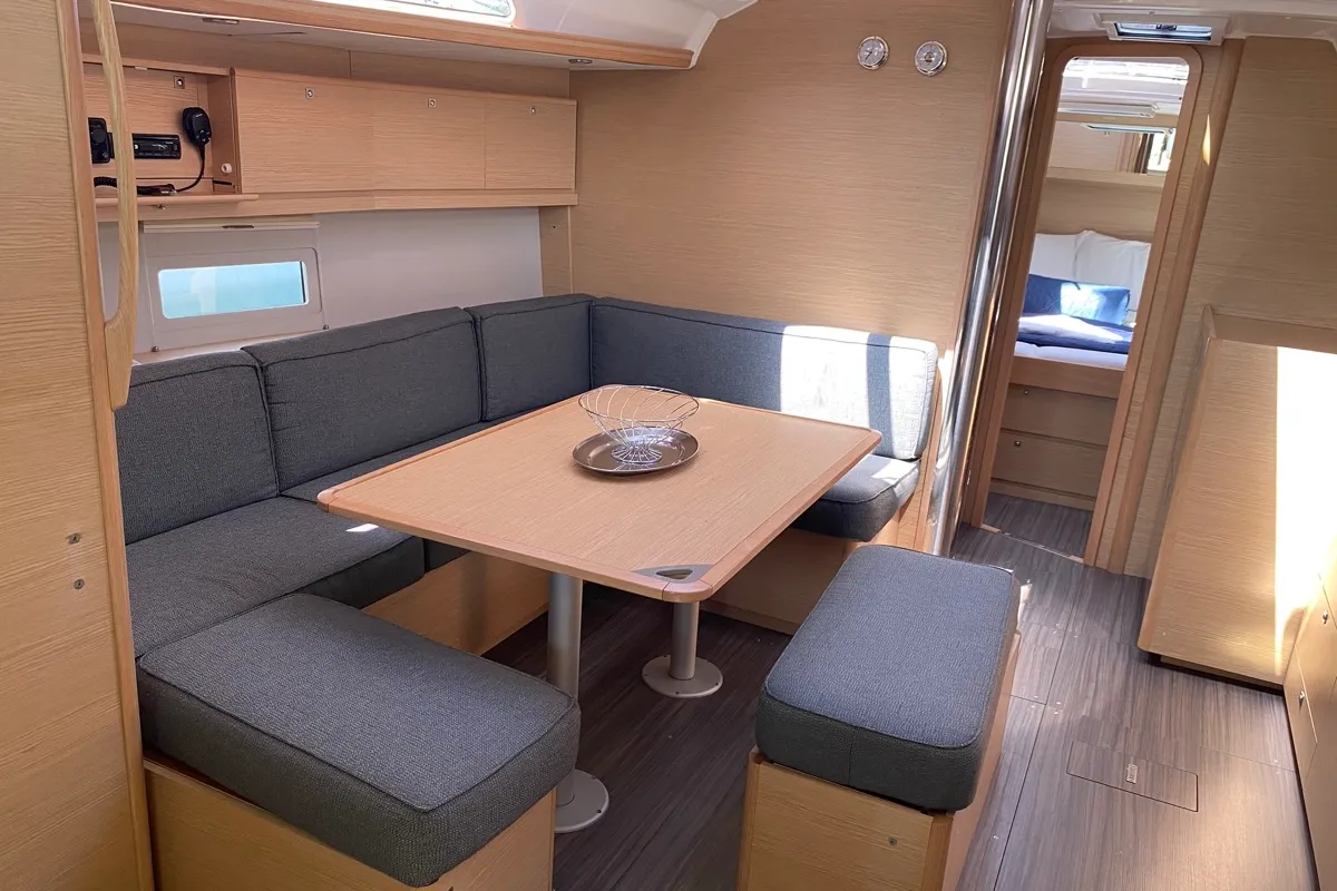 Salon of Pavo, a Dufour 430 sailboat at Olbia, Italy