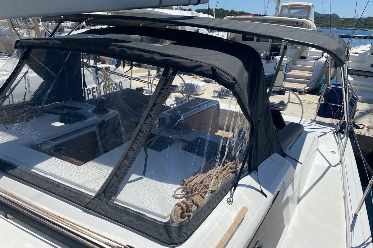 Deck of Pavo, a Dufour 430 sailboat at Olbia, Italy