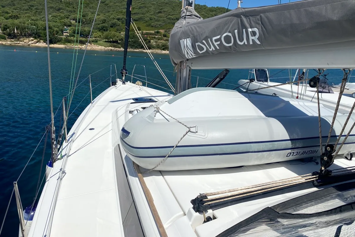 Exterior view of Pavo, a Dufour 430 sailboat at Olbia, Italy