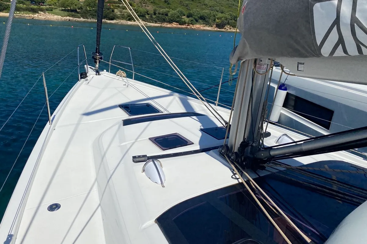 Deck of Pavo, a Dufour 430 sailboat at Olbia, Italy