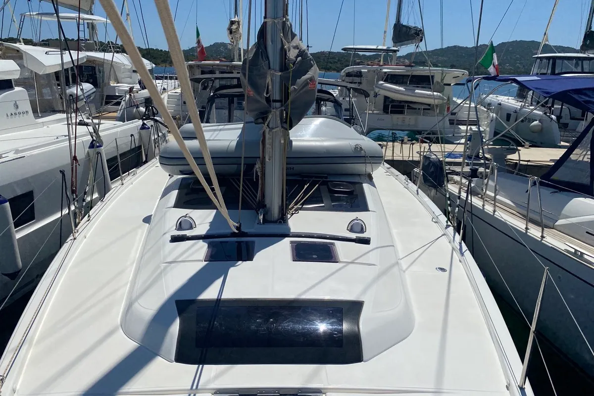 Deck of Pavo, a Dufour 430 sailboat at Olbia, Italy
