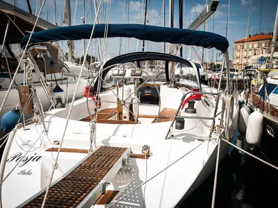 Cockpit of Pasja, a Dufour 45 Classic sailboat at Zadar, Croatia