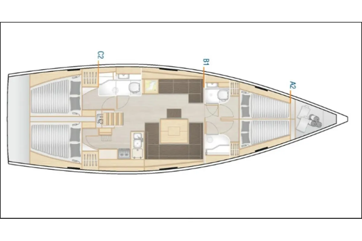 Floor plan of AF-H458, a Hanse 458 sailboat at Athens, Greece