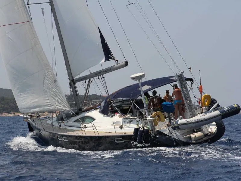 Exterior view of Felicita, a Jeanneau Sun Odyssey 54 DS sailboat at Kontokali, Greece