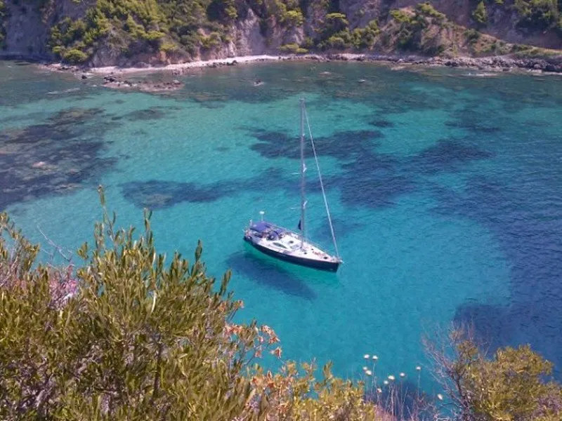 Exterior view of Felicita, a Jeanneau Sun Odyssey 54 DS sailboat at Kontokali, Greece