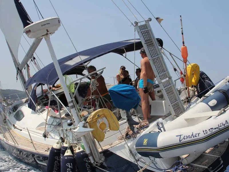 Deck of Felicita, a Jeanneau Sun Odyssey 54 DS sailboat at Kontokali, Greece
