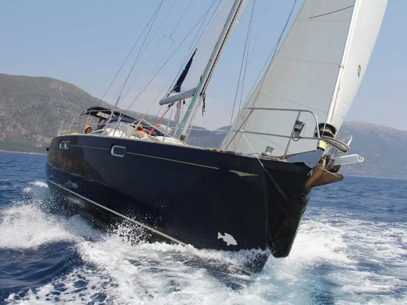 Exterior view of Felicita, a Jeanneau Sun Odyssey 54 DS sailboat at Kontokali, Greece