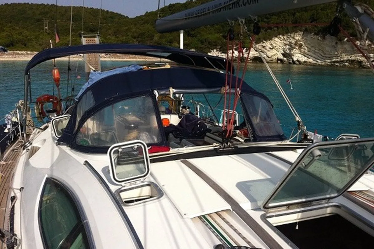 Deck of Felicita, a Jeanneau Sun Odyssey 54 DS sailboat at Kontokali, Greece
