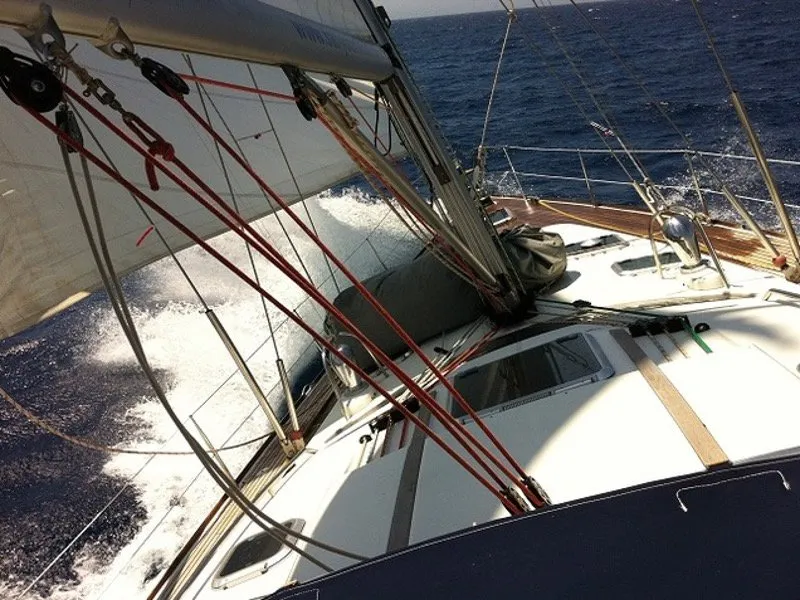 Deck of Felicita, a Jeanneau Sun Odyssey 54 DS sailboat at Kontokali, Greece