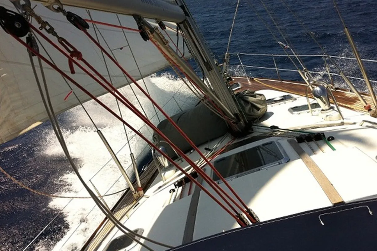Deck of Felicita, a Jeanneau Sun Odyssey 54 DS sailboat at Kontokali, Greece