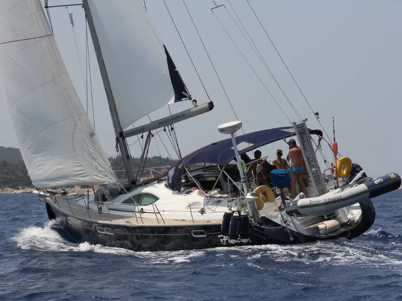 Exterior view of Felicita, a Jeanneau Sun Odyssey 54 DS sailboat at Kontokali, Greece