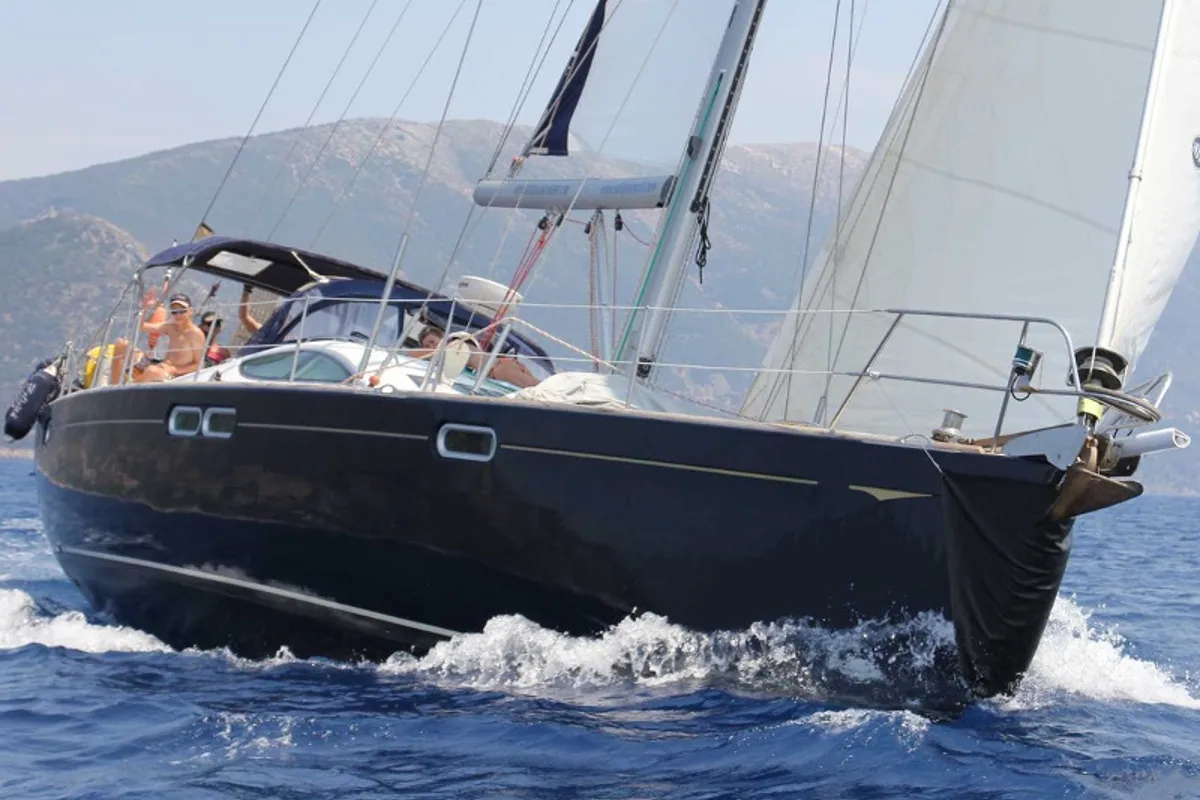 Exterior view of Felicita, a Jeanneau Sun Odyssey 54 DS sailboat at Kontokali, Greece