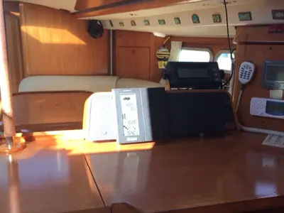 Cockpit of Felicita, a Jeanneau Sun Odyssey 54 DS sailboat at Kontokali, Greece