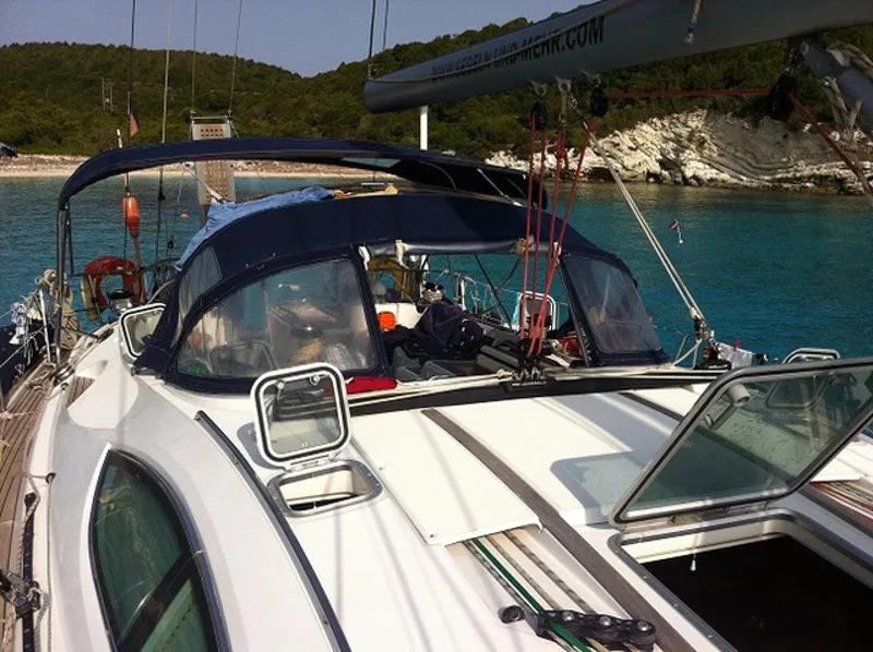 Deck of Felicita, a Jeanneau Sun Odyssey 54 DS sailboat at Kontokali, Greece