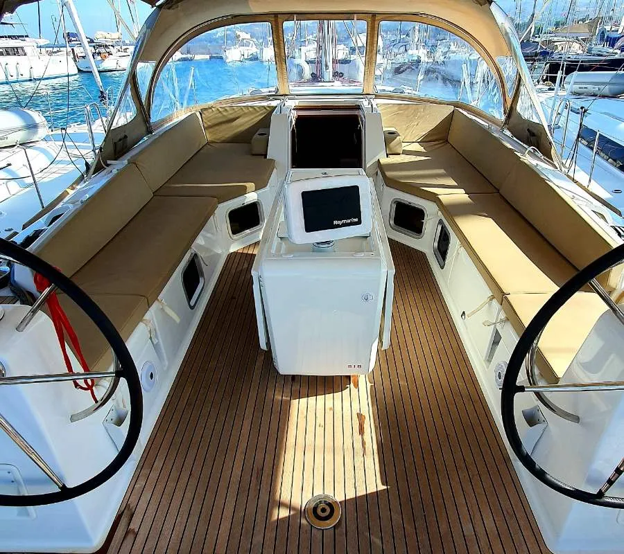 Cockpit of Magic Angel, a Jeanneau 54 sailboat at Municipal Unit of Rhodes, Greece