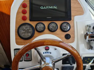 Cockpit of Danora, a SAS - Vektor Adria Event 850 motorboat at Biograd na Moru, Croatia