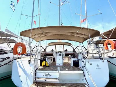 Cockpit of Yada, a Jeanneau Sun Odyssey 490 sailboat at Marpissa, Greece