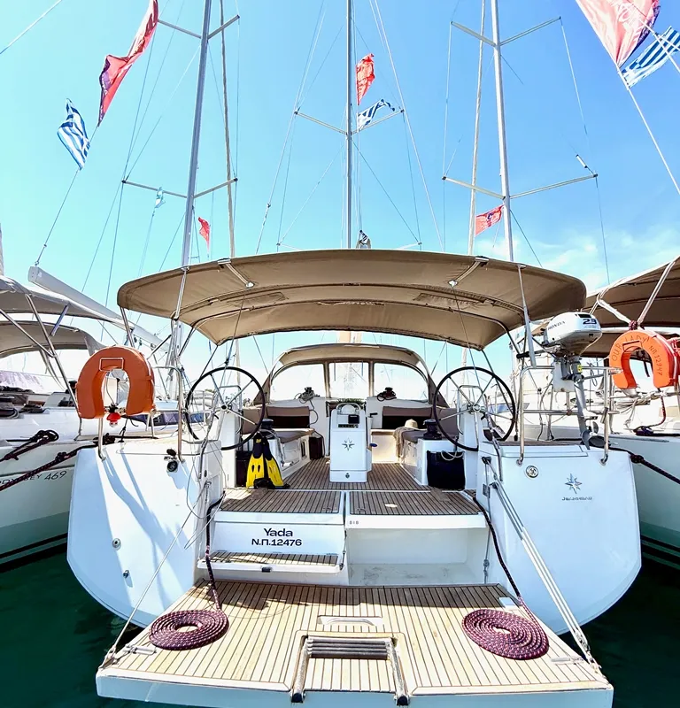 Cockpit of Yada, a Jeanneau Sun Odyssey 490 sailboat at Marpissa, Greece