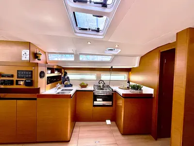 Galley of Yada, a Jeanneau Sun Odyssey 490 sailboat at Marpissa, Greece