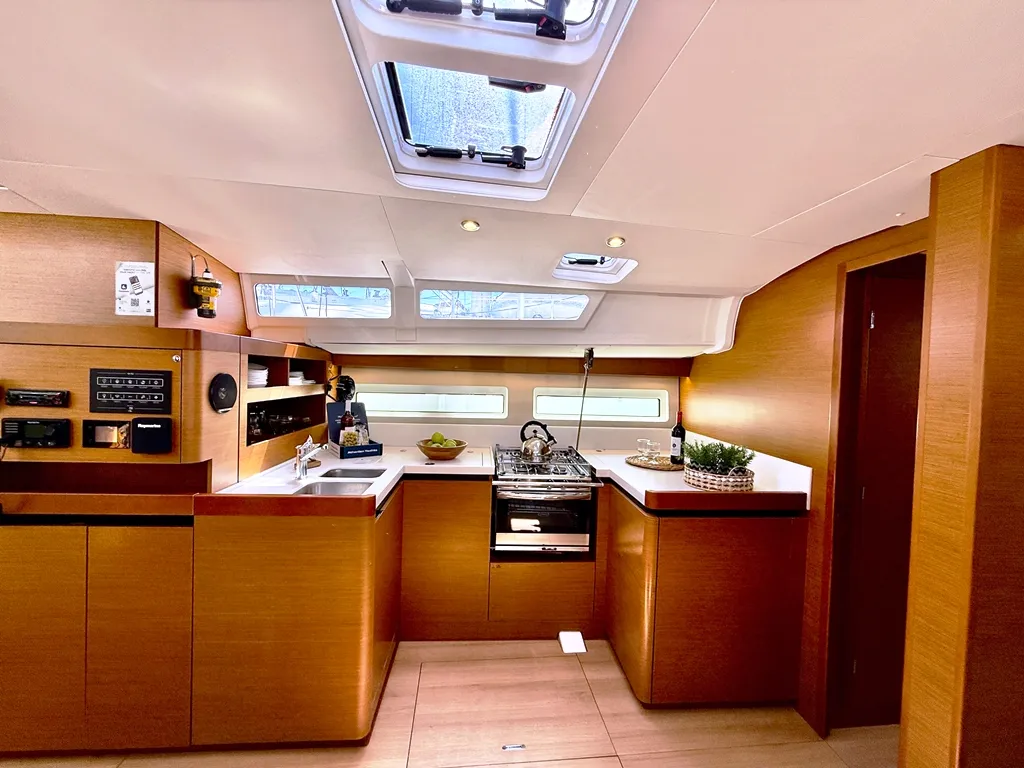 Galley of Yada, a Jeanneau Sun Odyssey 490 sailboat at Marpissa, Greece