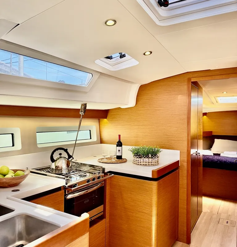 Galley of Yada, a Jeanneau Sun Odyssey 490 sailboat at Marpissa, Greece